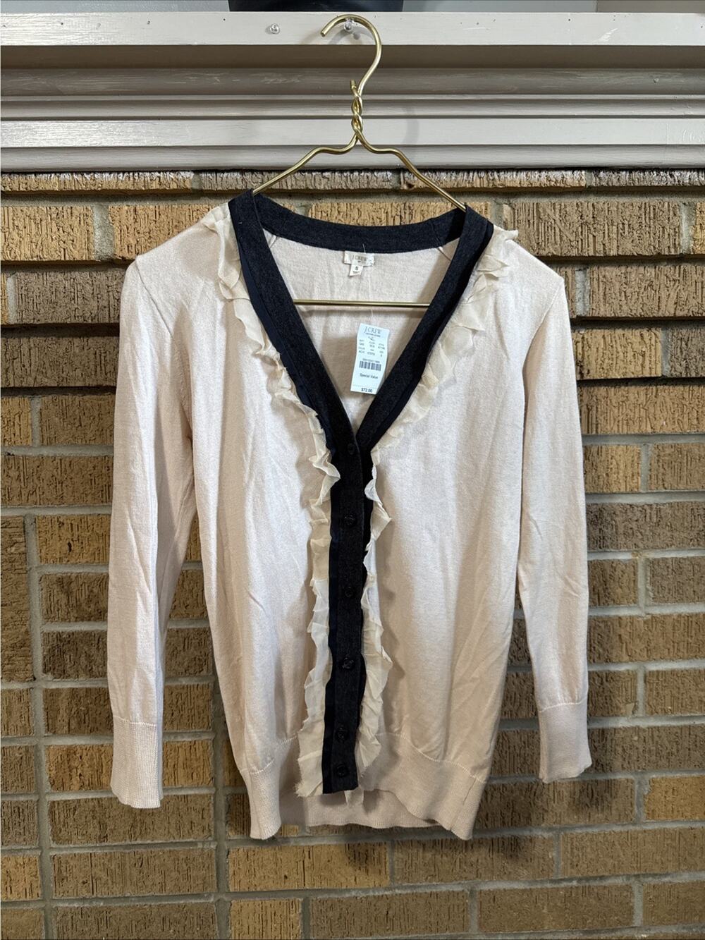 J Crew Sweater Beige Tipped Cardigan Cotton Silk Ruffled Old Money Quiet Lux Sm